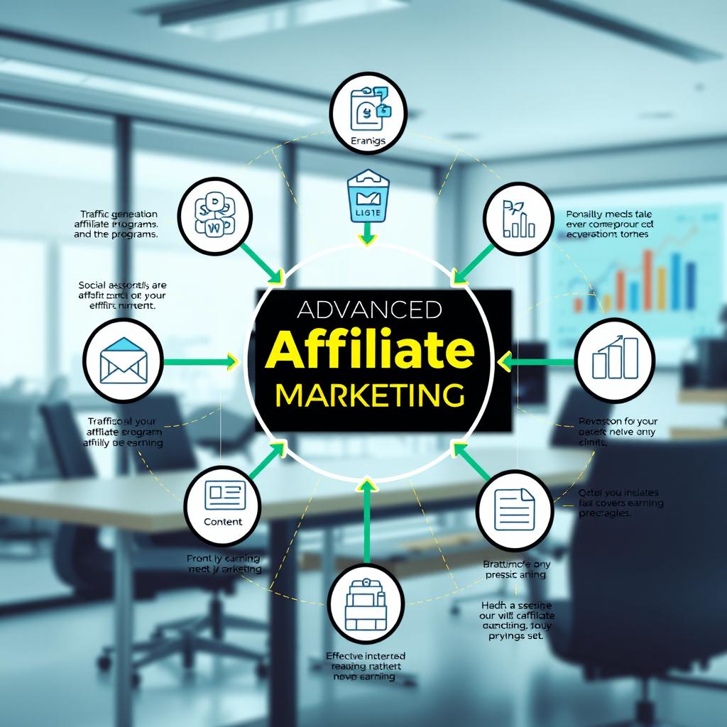 An advanced affiliate marketing concept visualization, featuring a dynamic flowchart that illustrates key components like traffic generation, variety of affiliate programs, conversion funnels, and effective strategies for optimizing earnings