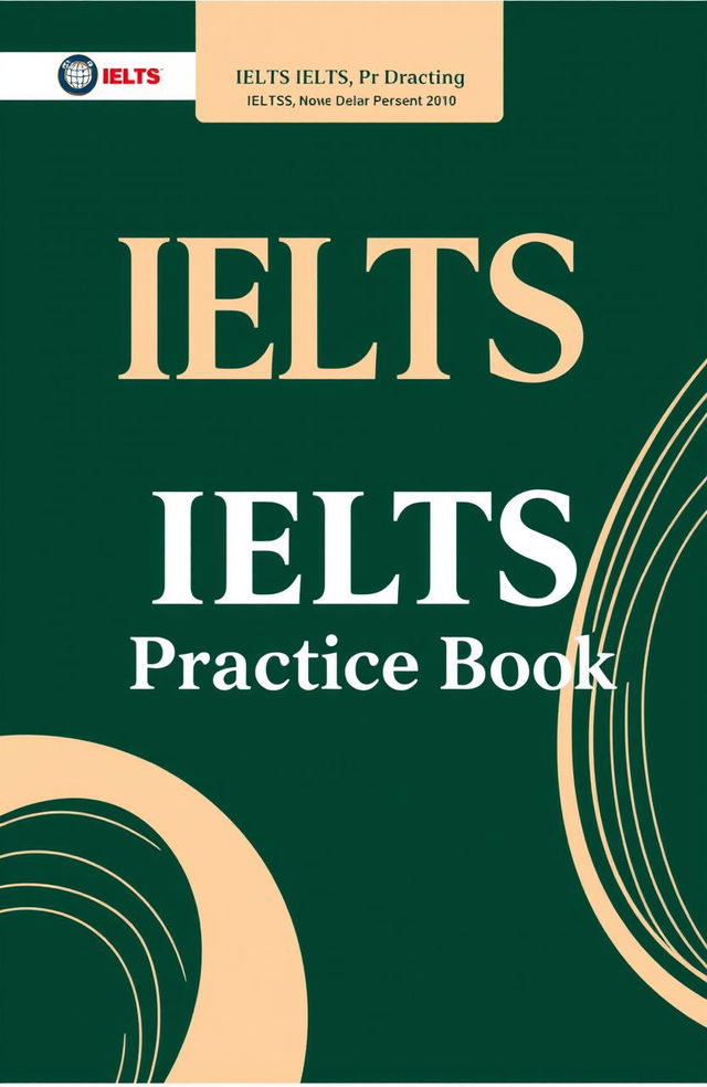 A modern and visually appealing cover design for an IELTS practice book, featuring a dark green background with elegant beige accents