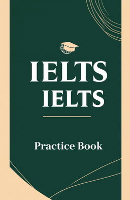 A modern and visually appealing cover design for an IELTS practice book, featuring a dark green background with elegant beige accents
