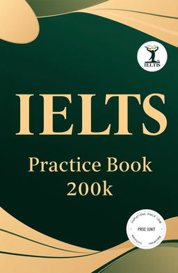 A modern and visually appealing cover design for an IELTS practice book, featuring a dark green background with elegant beige accents