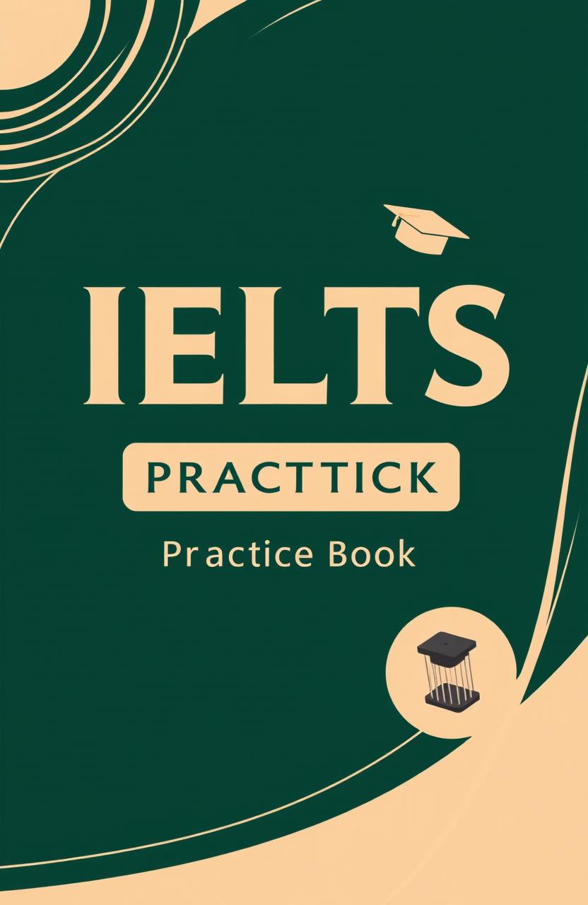 A modern and visually appealing cover design for an IELTS practice book, featuring a dark green background with elegant beige accents