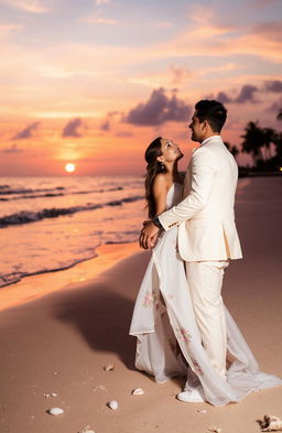 A romantic sunset scene on a serene beach, with a couple holding hands, gazing into each other’s eyes