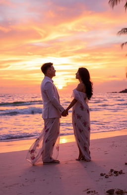 A romantic sunset scene on a serene beach, with a couple holding hands, gazing into each other’s eyes