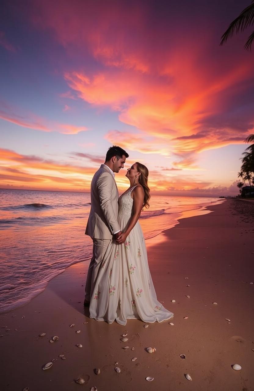 A romantic sunset scene on a serene beach, with a couple holding hands, gazing into each other’s eyes