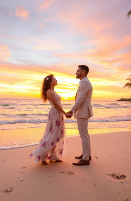 A romantic sunset scene on a serene beach, with a couple holding hands, gazing into each other’s eyes