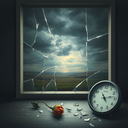 A poignant depiction of broken dreams, featuring a shattered glass window with fragments scattered on the ground