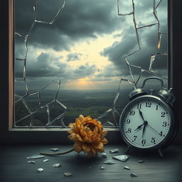 A poignant depiction of broken dreams, featuring a shattered glass window with fragments scattered on the ground