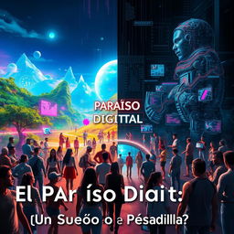 A visually striking and thought-provoking digital art piece titled 'El Paraíso Digital: ¿Un Sueño o una Pesadilla?'