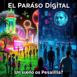 A visually striking and thought-provoking digital art piece titled 'El Paraíso Digital: ¿Un Sueño o una Pesadilla?'