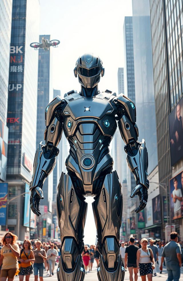 A futuristic, humanoid robot standing tall amidst a bustling city, its metallic body gleaming in the sunlight