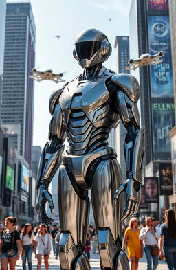 A futuristic, humanoid robot standing tall amidst a bustling city, its metallic body gleaming in the sunlight