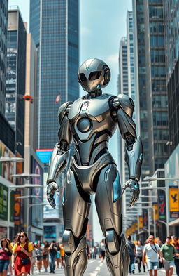 A futuristic, humanoid robot standing tall amidst a bustling city, its metallic body gleaming in the sunlight