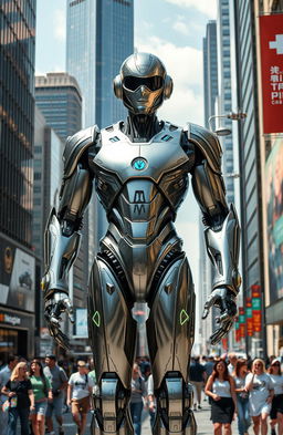 A futuristic, humanoid robot standing tall amidst a bustling city, its metallic body gleaming in the sunlight