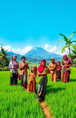 A vibrant and colorful representation of the diverse women of Java, Indonesia, showcasing their traditional attire such as kebaya and batik, set against the lush green rice paddies typical of the region