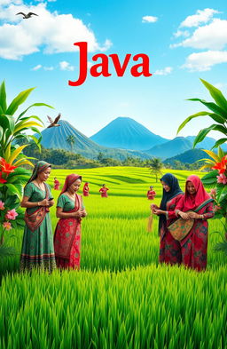 A vibrant and colorful representation of the diverse women of Java, Indonesia, showcasing their traditional attire such as kebaya and batik, set against the lush green rice paddies typical of the region