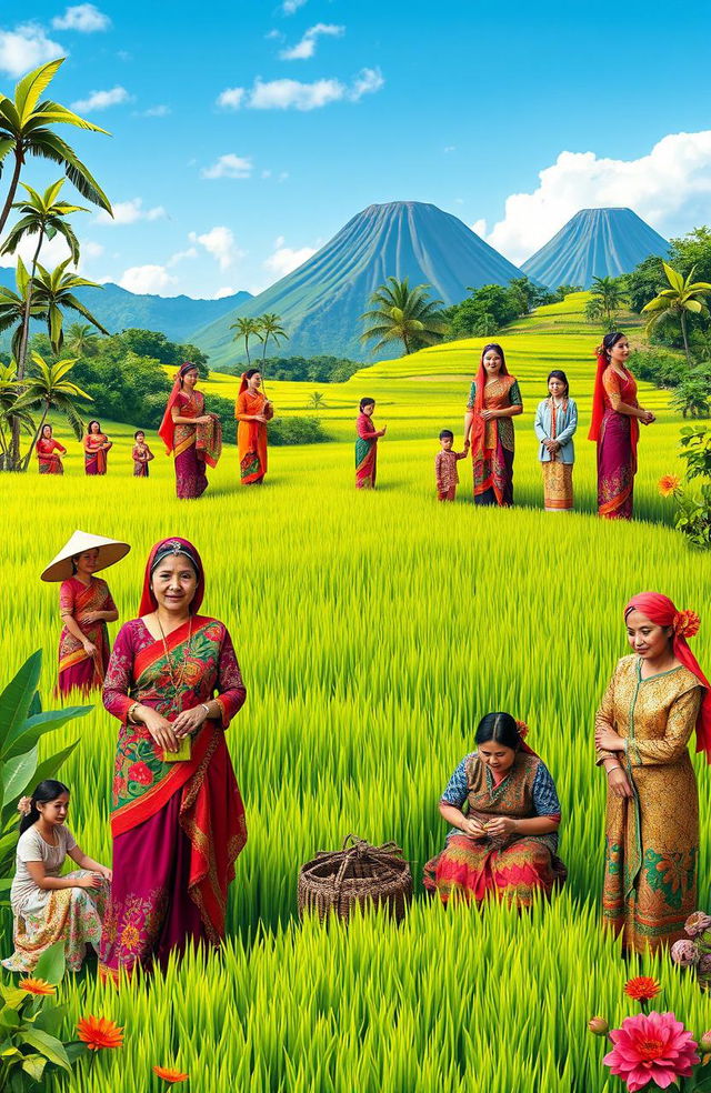 A vibrant and colorful representation of the diverse women of Java, Indonesia, showcasing their traditional attire such as kebaya and batik, set against the lush green rice paddies typical of the region