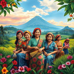 An artistic celebration of the women of Java, Indonesia, depicted in traditional attire such as brightly patterned kebaya and intricate batik