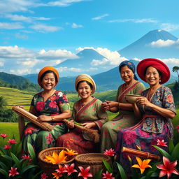 An artistic celebration of the women of Java, Indonesia, depicted in traditional attire such as brightly patterned kebaya and intricate batik