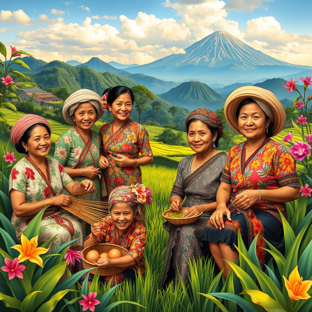 An artistic celebration of the women of Java, Indonesia, depicted in traditional attire such as brightly patterned kebaya and intricate batik