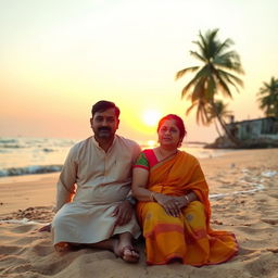 An Indian man and woman sitting together on the sandy shores of Goa beach during a picturesque sunset