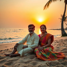 An Indian man and woman sitting together on the sandy shores of Goa beach during a picturesque sunset