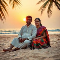 An Indian man and woman sitting together on the sandy shores of Goa beach during a picturesque sunset