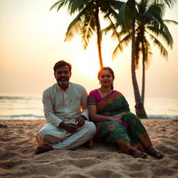 An Indian man and woman sitting together on the sandy shores of Goa beach during a picturesque sunset