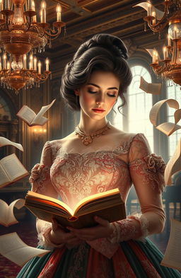 A captivating scene depicting a sophisticated woman with a contemplative expression, surrounded by floating books and swirling pages that represent her imaginative thoughts
