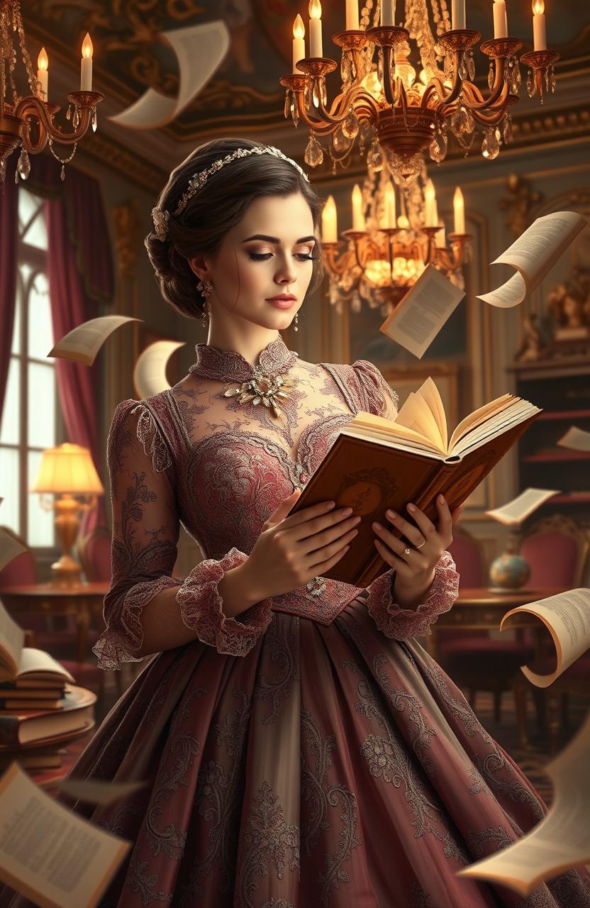 A captivating scene depicting a sophisticated woman with a contemplative expression, surrounded by floating books and swirling pages that represent her imaginative thoughts