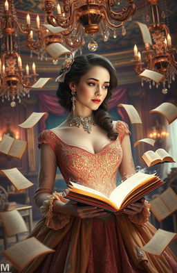 A captivating scene depicting a sophisticated woman with a contemplative expression, surrounded by floating books and swirling pages that represent her imaginative thoughts