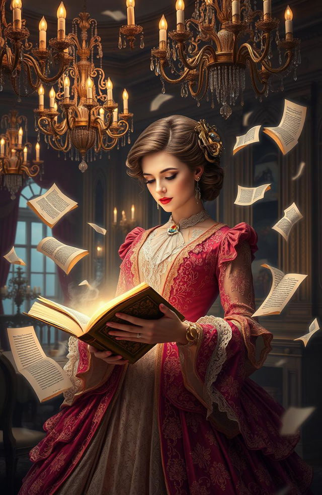 A captivating scene depicting a sophisticated woman with a contemplative expression, surrounded by floating books and swirling pages that represent her imaginative thoughts