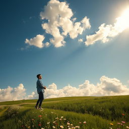 A romantic scene under a deep blue sky, featuring a couple holding hands and gazing at each other