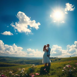 A romantic scene under a deep blue sky, featuring a couple holding hands and gazing at each other