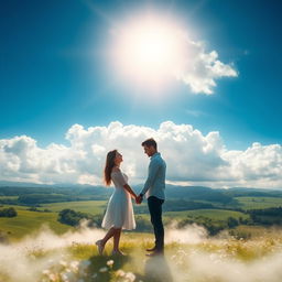 A romantic scene under a deep blue sky, featuring a couple holding hands and gazing at each other