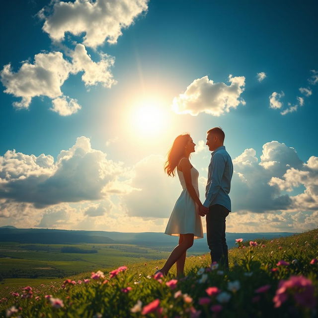 A romantic scene under a deep blue sky, featuring a couple holding hands and gazing at each other