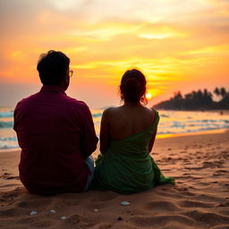 An Indian man and woman sitting on the warm sand of Goa beach at sunset after a long journey in life