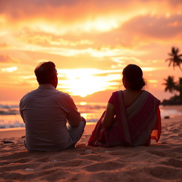 An Indian man and woman sitting on the warm sand of Goa beach at sunset after a long journey in life