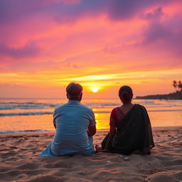 An Indian man and woman sitting on the warm sand of Goa beach at sunset after a long journey in life
