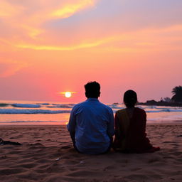 An Indian man and woman sitting on the warm sand of Goa beach at sunset after a long journey in life