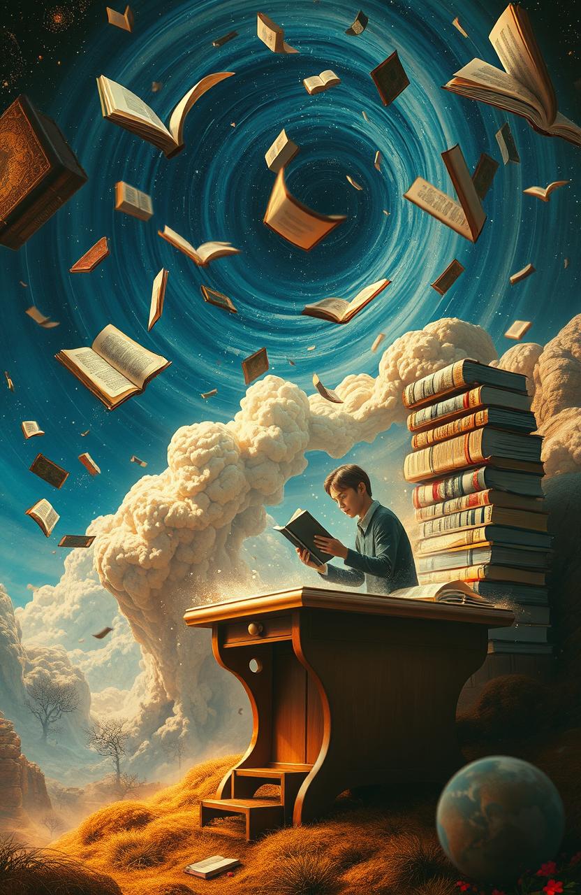 A surreal and abstract representation of the mind bending reality, inspired by the themes of 'The Reader