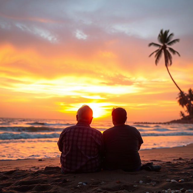 A serene sunset scene at Goa beach, featuring a middle-aged Indian man and woman sitting together on the sand, capturing the warmth of companionship after a long journey through life