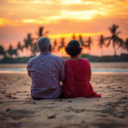 A serene sunset scene at Goa beach, featuring a middle-aged Indian man and woman sitting together on the sand, capturing the warmth of companionship after a long journey through life
