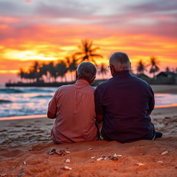 A serene sunset scene at Goa beach, featuring a middle-aged Indian man and woman sitting together on the sand, capturing the warmth of companionship after a long journey through life