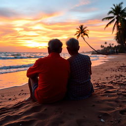 A serene sunset scene at Goa beach, featuring a middle-aged Indian man and woman sitting together on the sand, capturing the warmth of companionship after a long journey through life