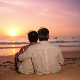 A serene scene of an Indian man and woman sitting together at Goa beach, gazing at the sunset