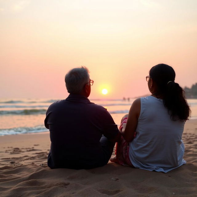 A serene scene of an Indian man and woman sitting together at Goa beach, gazing at the sunset