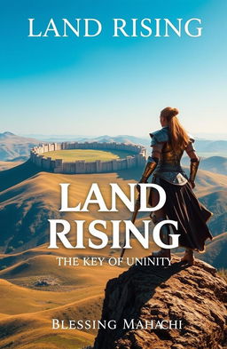 A powerful woman warrior stands resolutely on the edge of a majestic mountain, her armor glinting in the sunlight