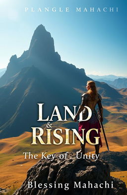 A powerful woman warrior stands resolutely on the edge of a majestic mountain, her armor glinting in the sunlight