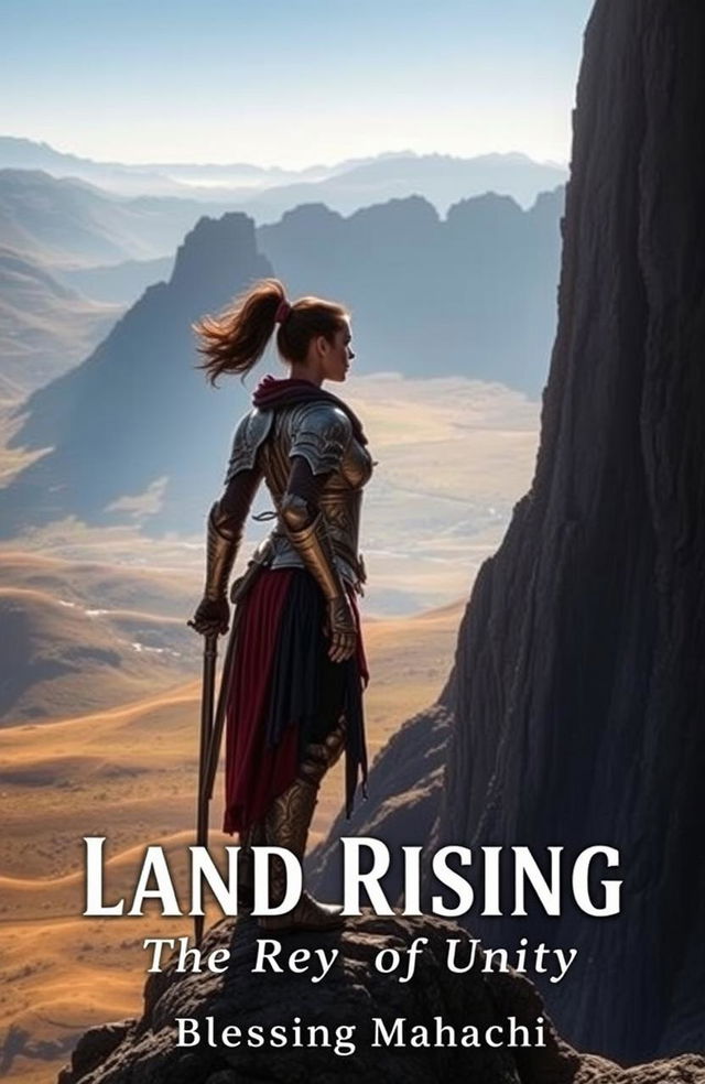 A powerful woman warrior stands resolutely on the edge of a majestic mountain, her armor glinting in the sunlight