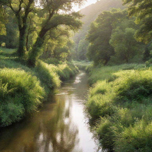 A lush, tranquil river winding through a verdant landscape basked in the soft light of the morning sun.